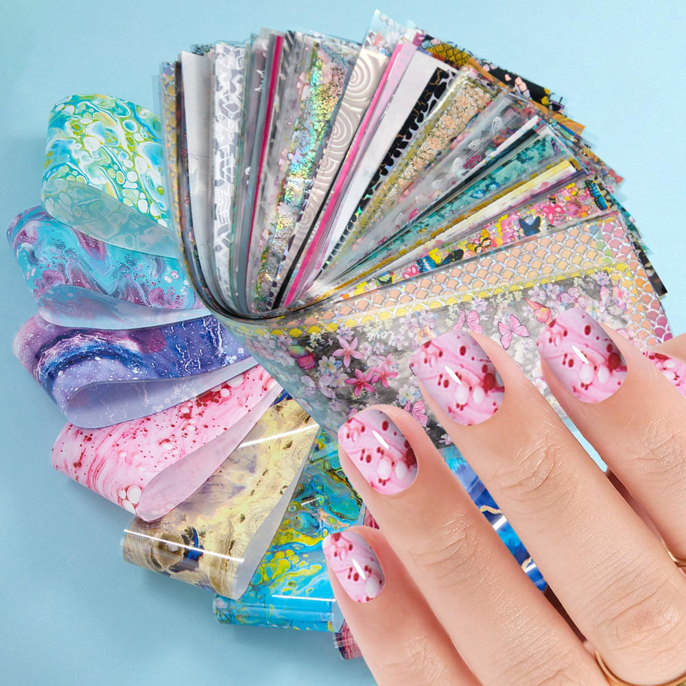 JERCLITY nail foil transfer close-up showing application technique