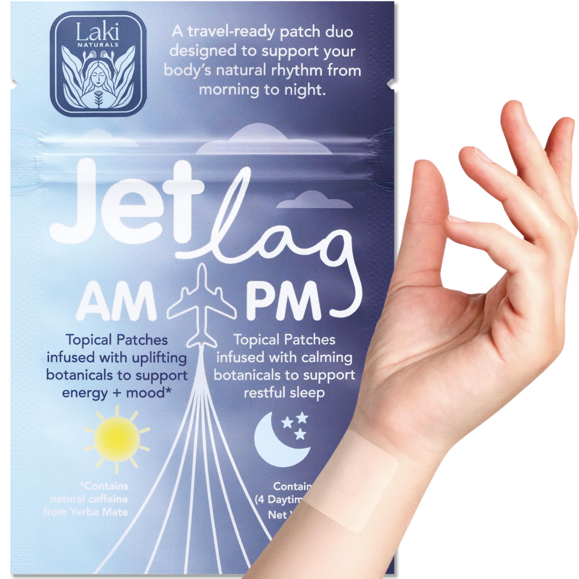 Applying Jet Lag PM patch to skin at night