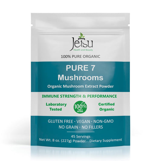 Jetsu Pure 7 Mushroom Powder bottle showing seven mushroom varieties