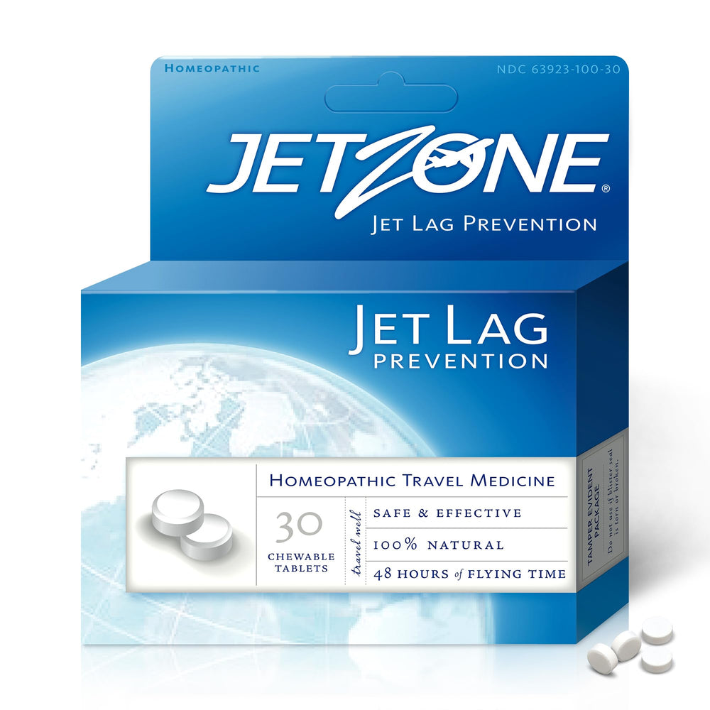 JetZone Jet Lag Remedy bottle with 30 chewables on white background