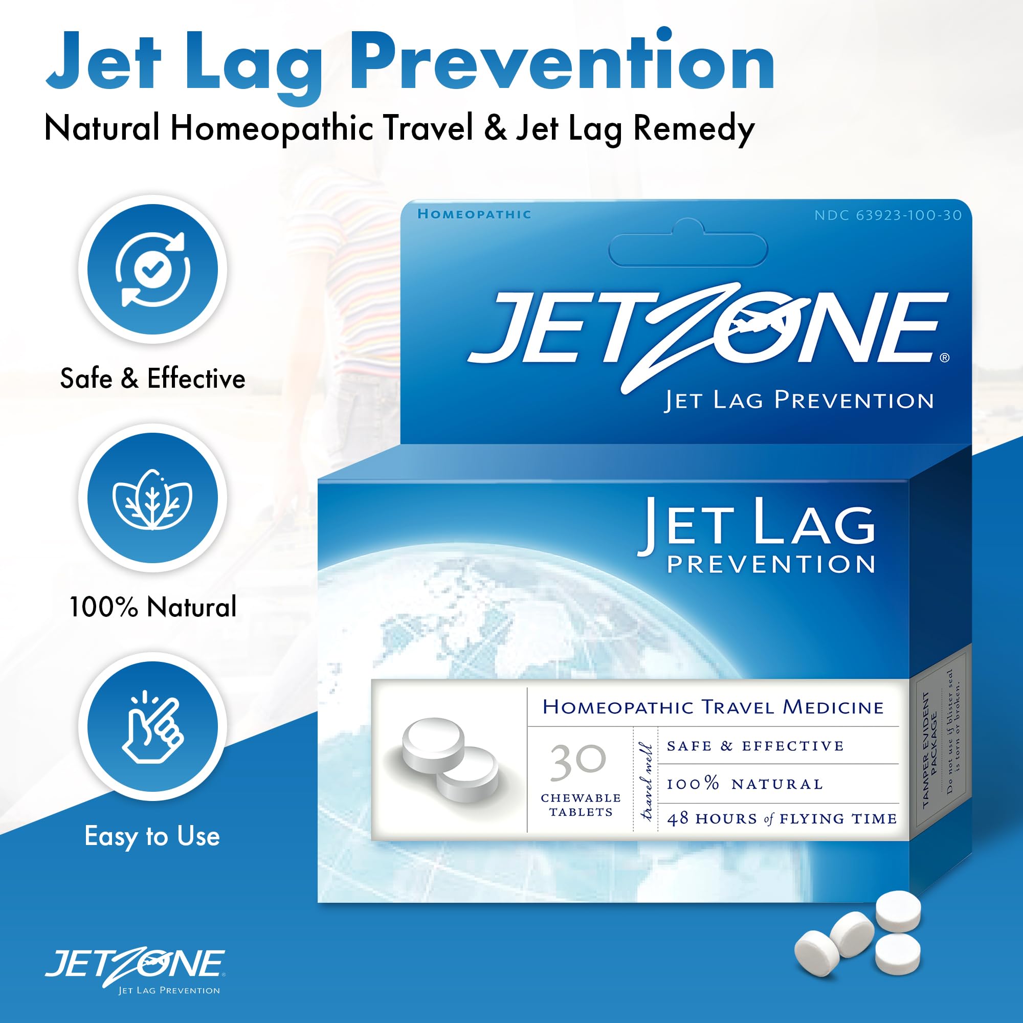 Close-up of JetZone chewable tablets in blister pack