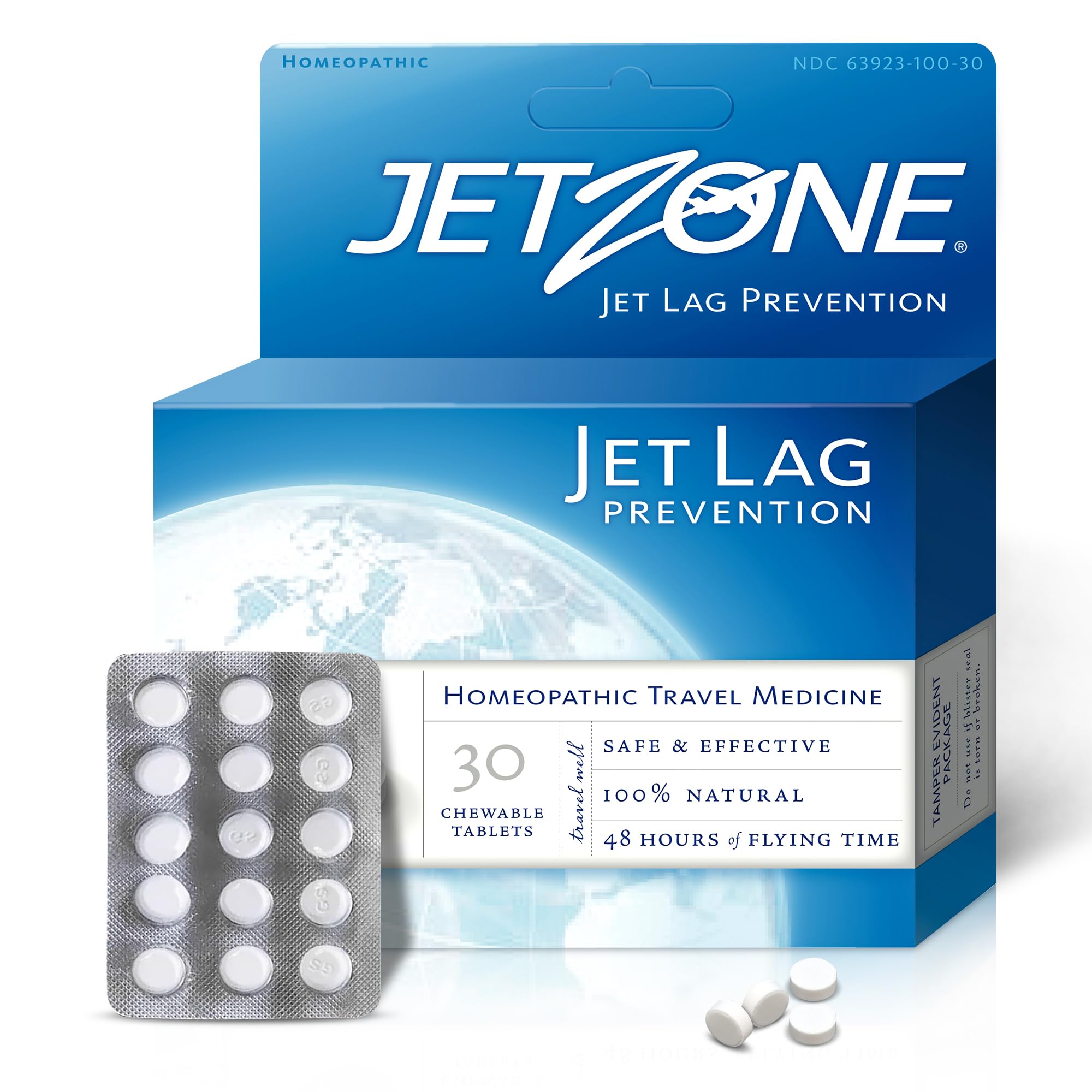 Travel-ready JetZone packaging showing 30 chewables