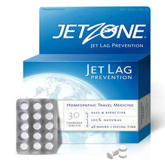 Travel-ready JetZone packaging showing 30 chewables