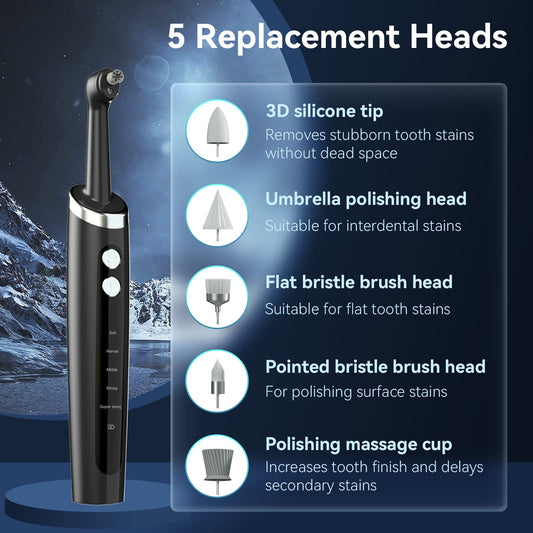 Five replacement heads including 3D silicone tip and umbrella polishing head