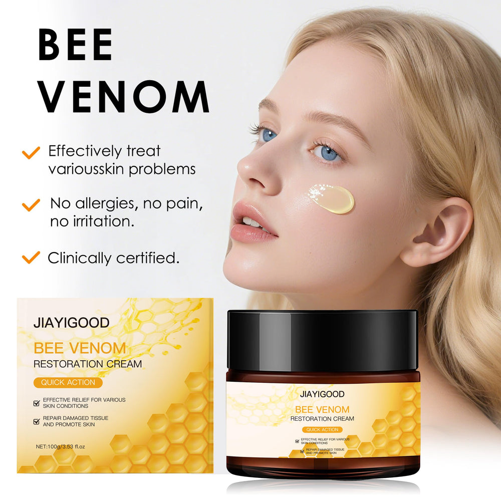 JIAYIGOOD Bee Venom Cream bottle beside botanical extracts signals clean formulation