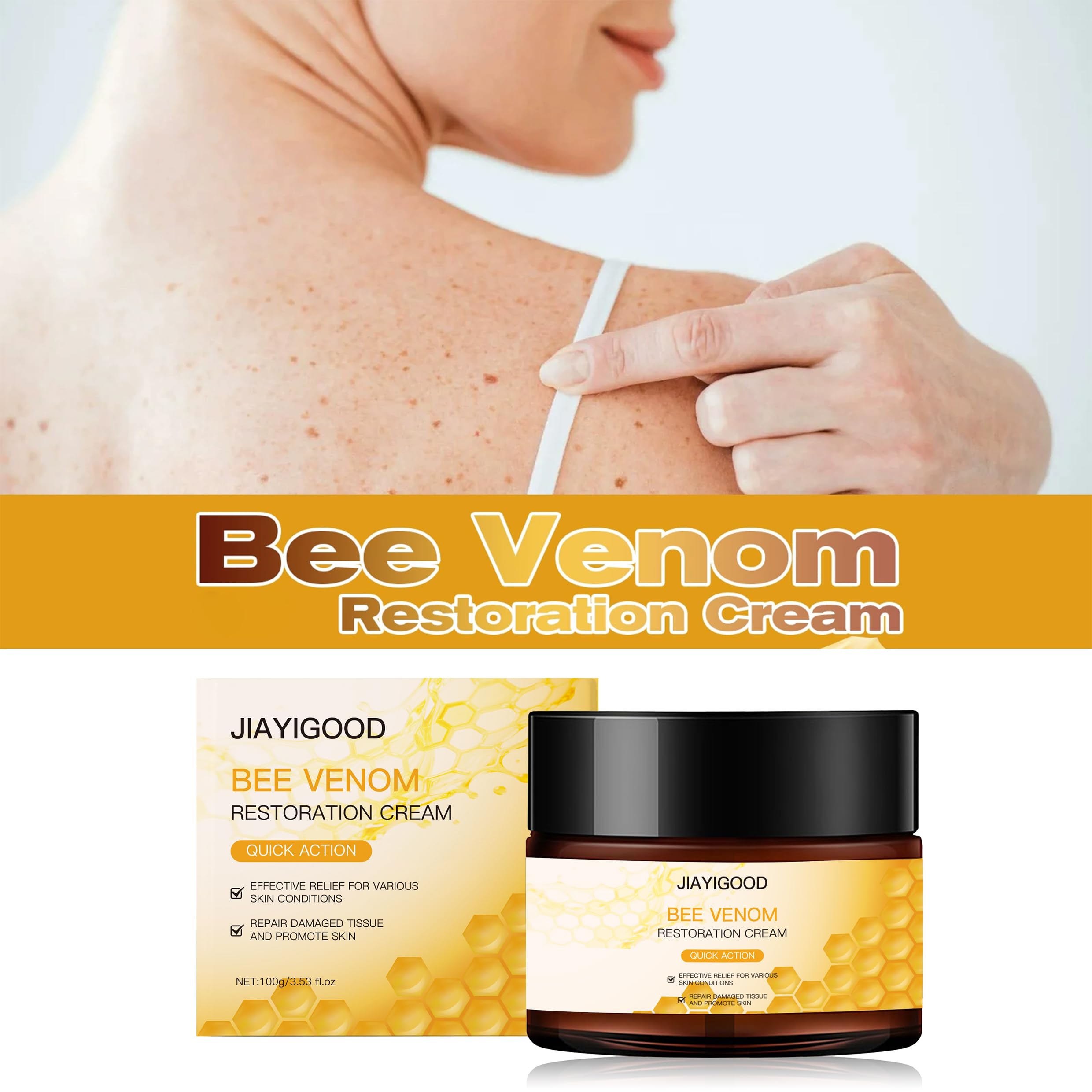 JIAYIGOOD Bee Venom Cream model applying to face shows gentle daily routine