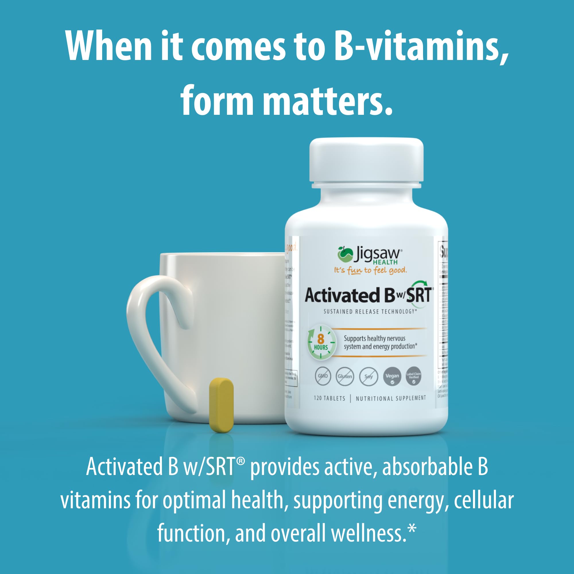 Jigsaw Health Activated B w/SRT label nutrition details emphasizing absorption.