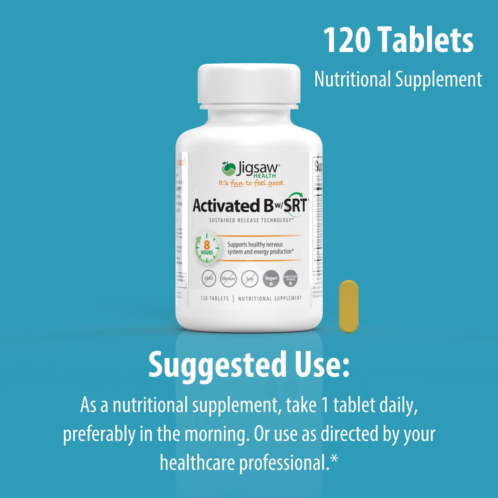Jigsaw Health Activated B w/SRT packaging highlights sustained release benefits.
