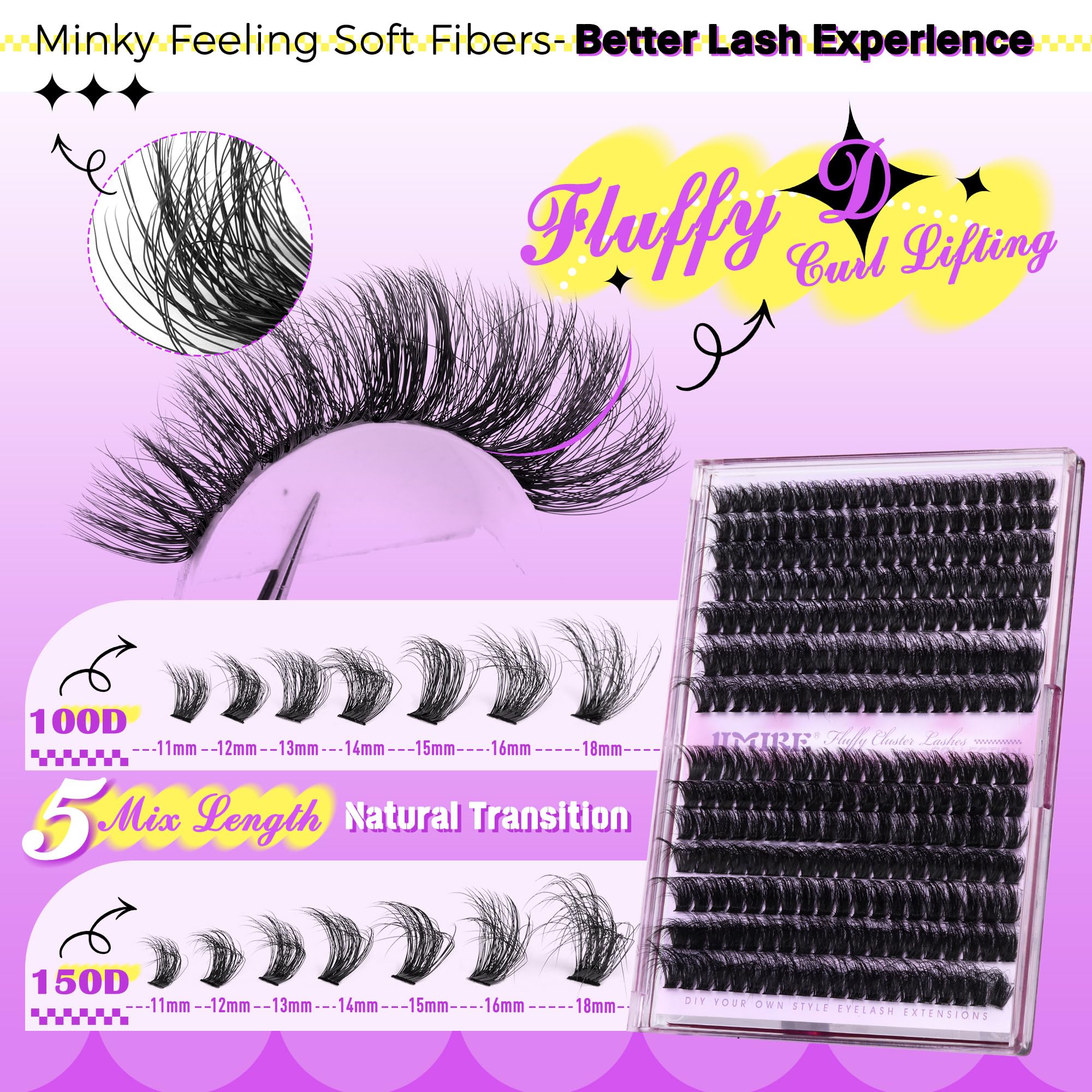 JIMIRE 280-piece volume cluster pack for full, fluffy lashes all day.