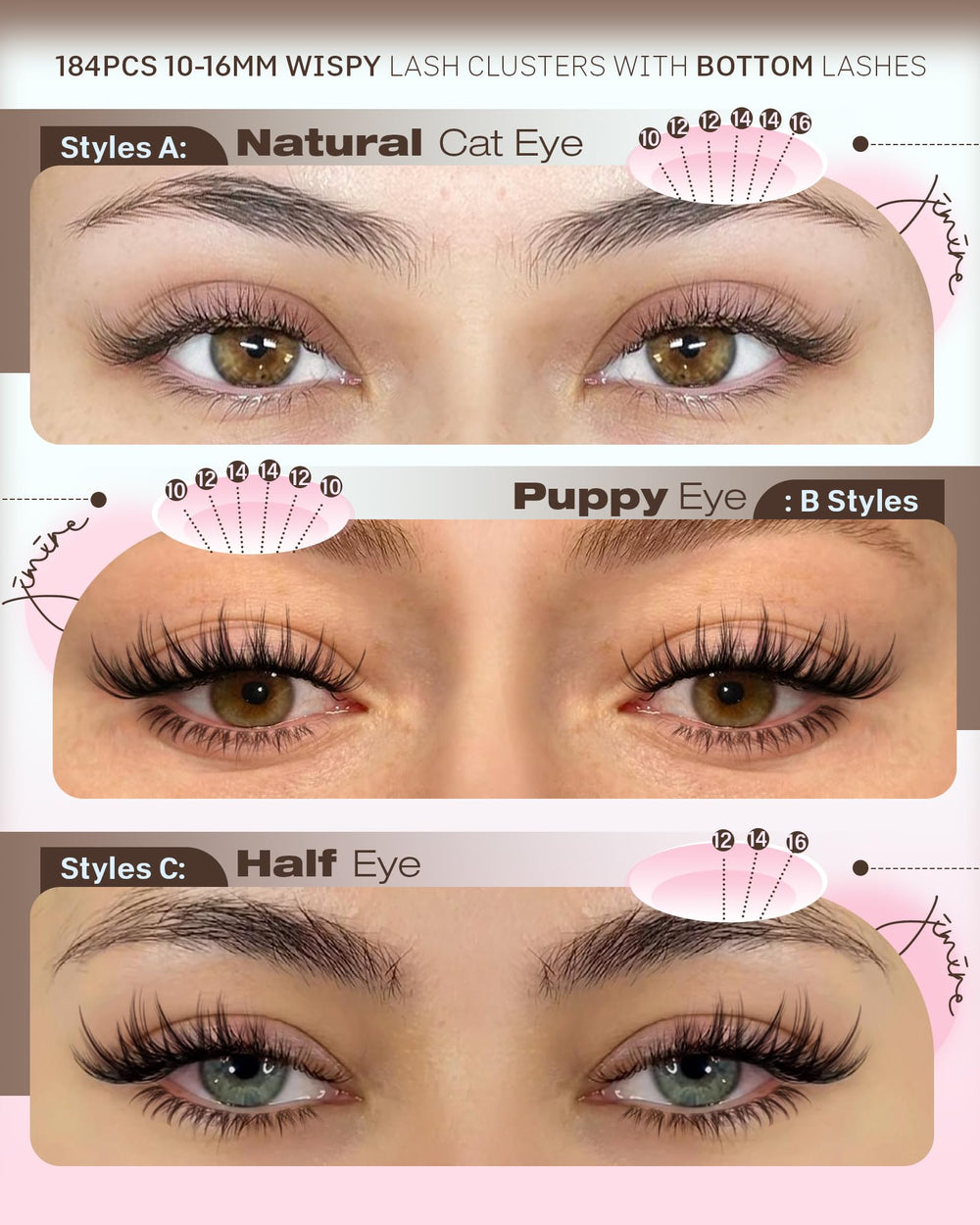 JIMIRE ultra-thin lash bands ease placement for a comfortable, salon-like finish.