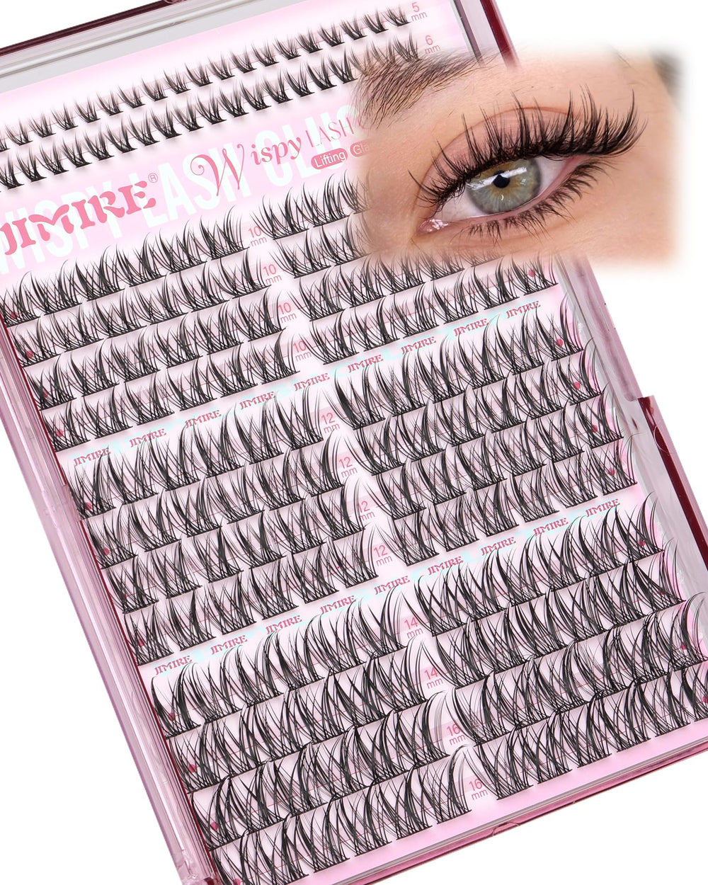JIMIRE Wispy Lash Clusters range 10-16mm for layered, natural-looking volume.