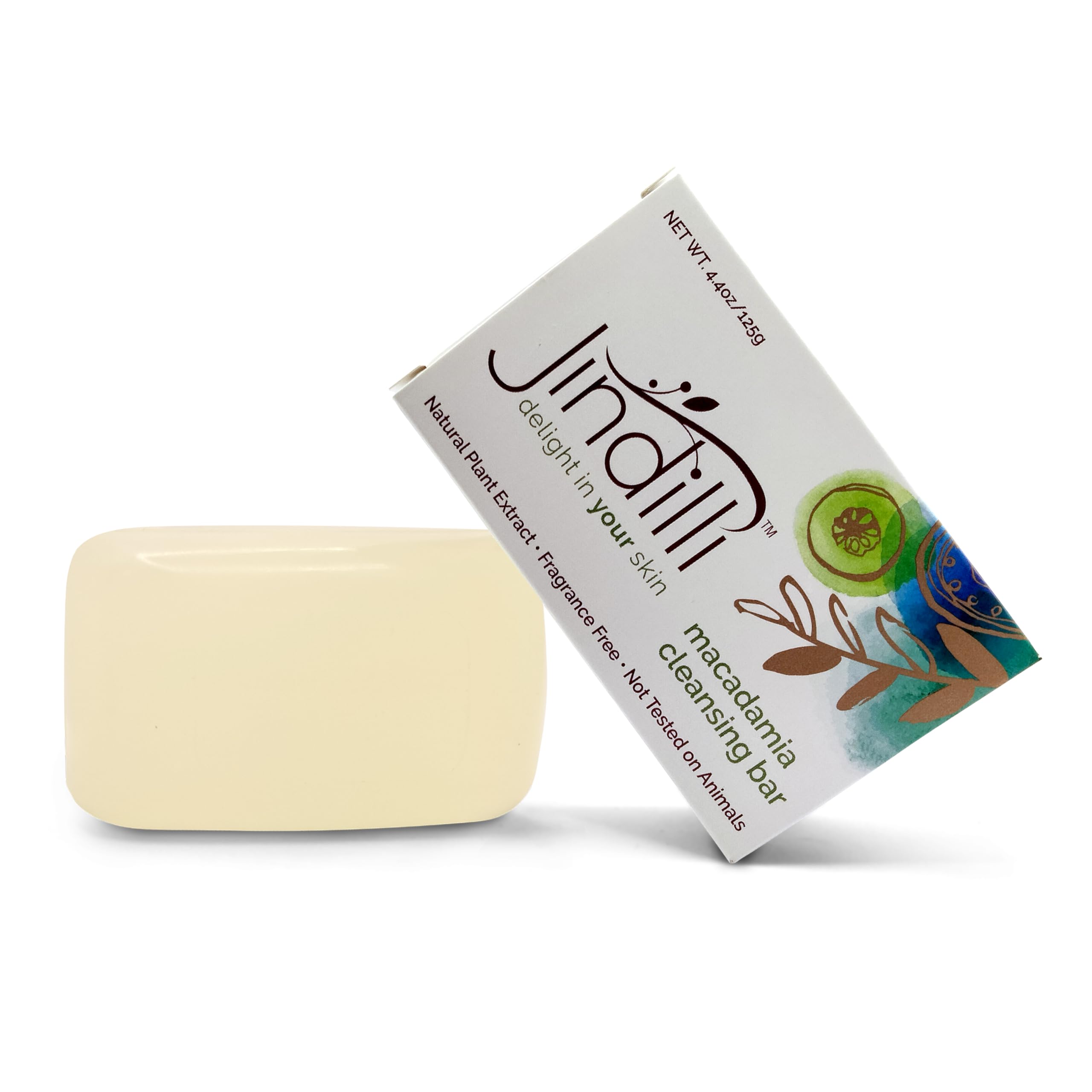 Packshot of Jindilli Macadamia Oil Cleansing Bar, fragrance-free and skin-friendly.