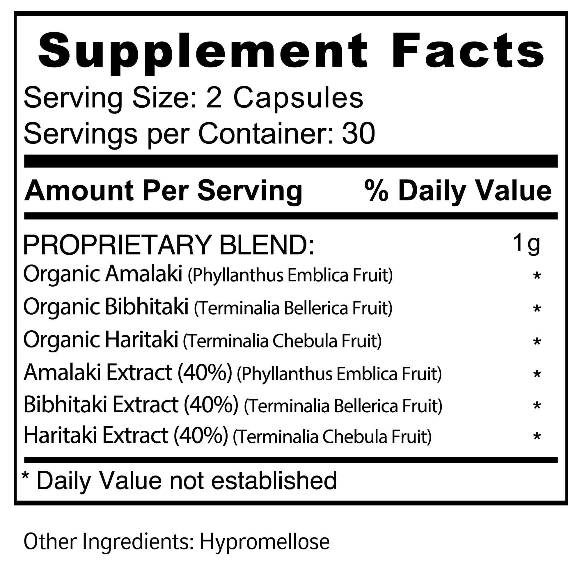 Made in USA Triphala supplement packaging and seal