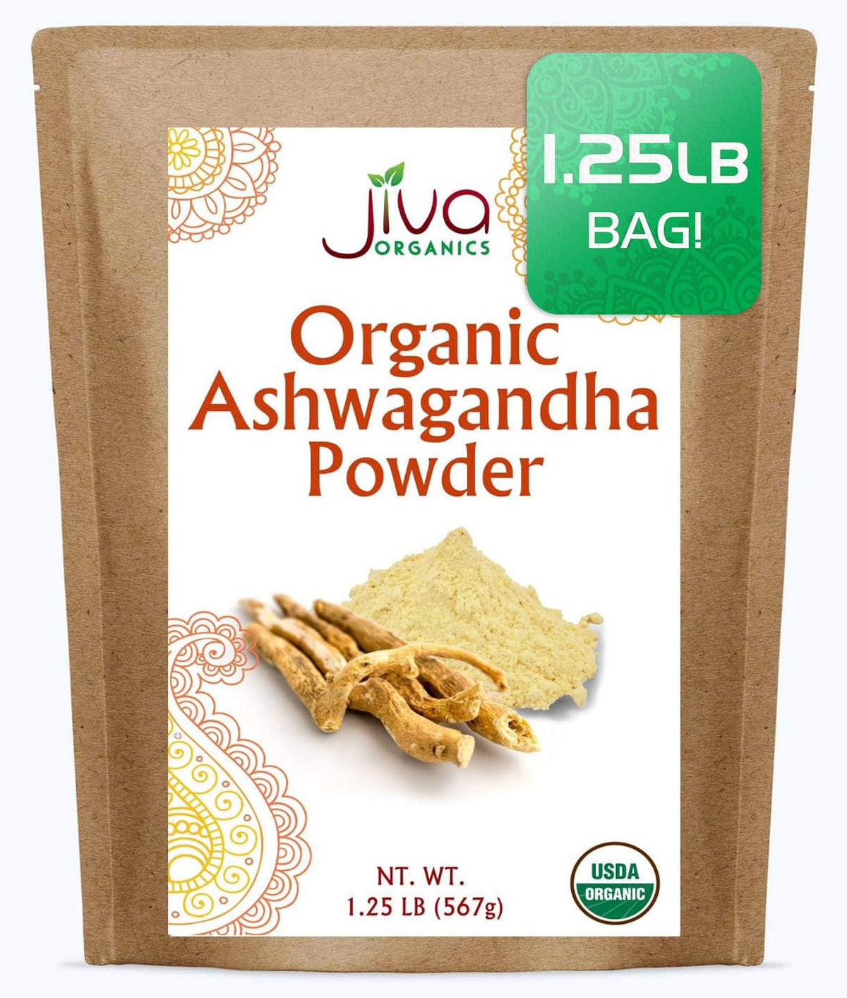 Front view of Jiva Organics Ashwagandha 20oz powder bag