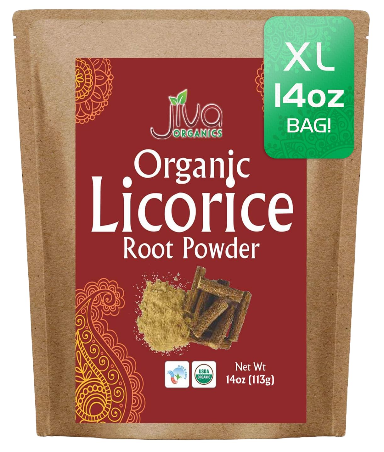 Front view of Jiva Organics Licorice Root Powder 14 oz bulk bag