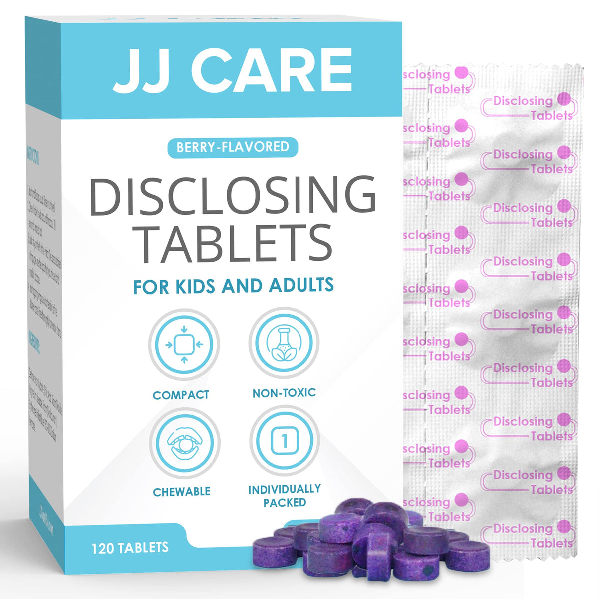JJ Care Disclosing Tablets Berry Flavor 120 Count – individually wrapped