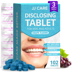 Front view of JJ Care Disclosing Tablets 102-count pack