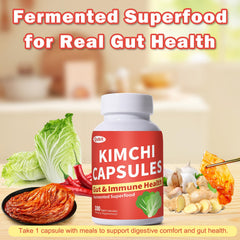 Natural kimchi capsules next to fresh ingredients