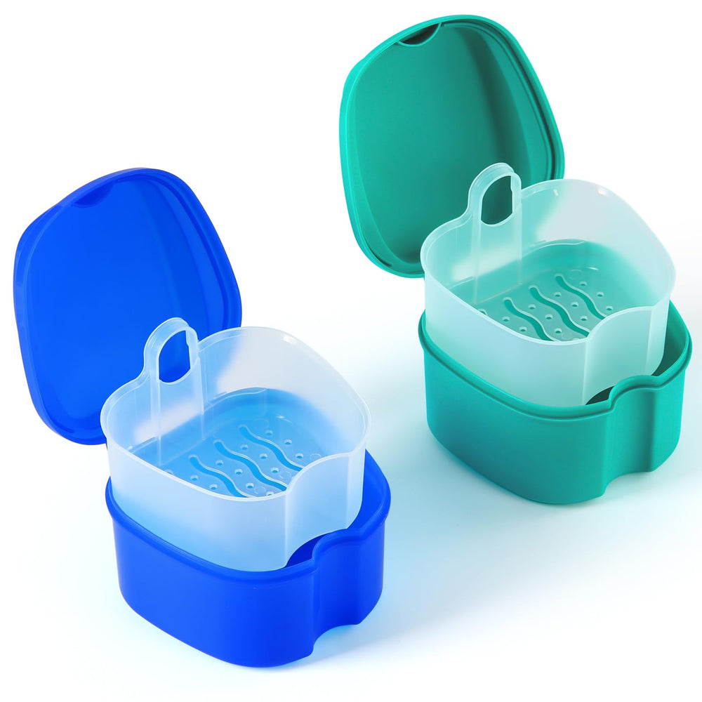 JMU denture bath case Navy Blue and Teal Blue – front view with built-in strainer