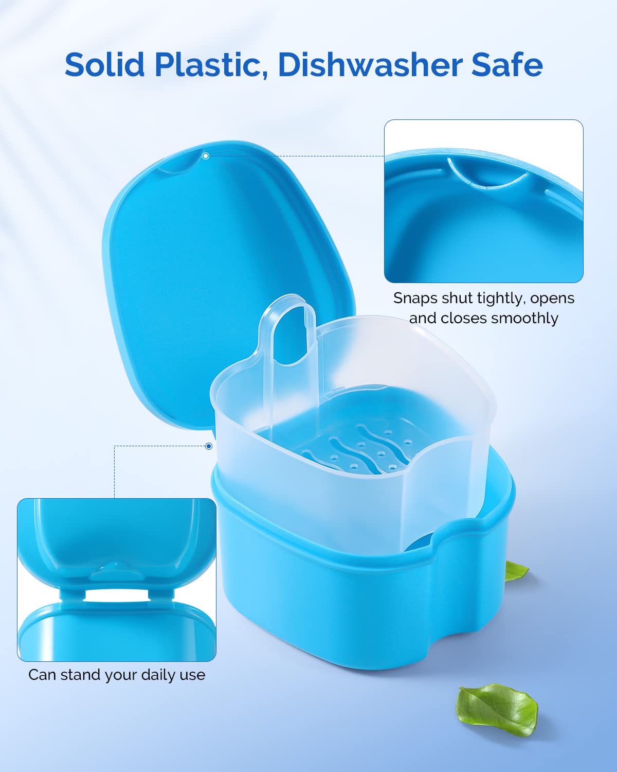 Portable and lightweight denture care case in navy/teal