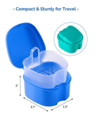 Compact travel-friendly denture bath case shown beside its components