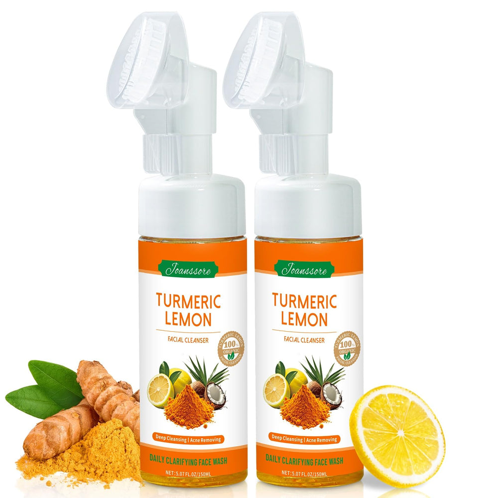 Joanssore turmeric lemon face wash with brush for an efficient cleansing routine.