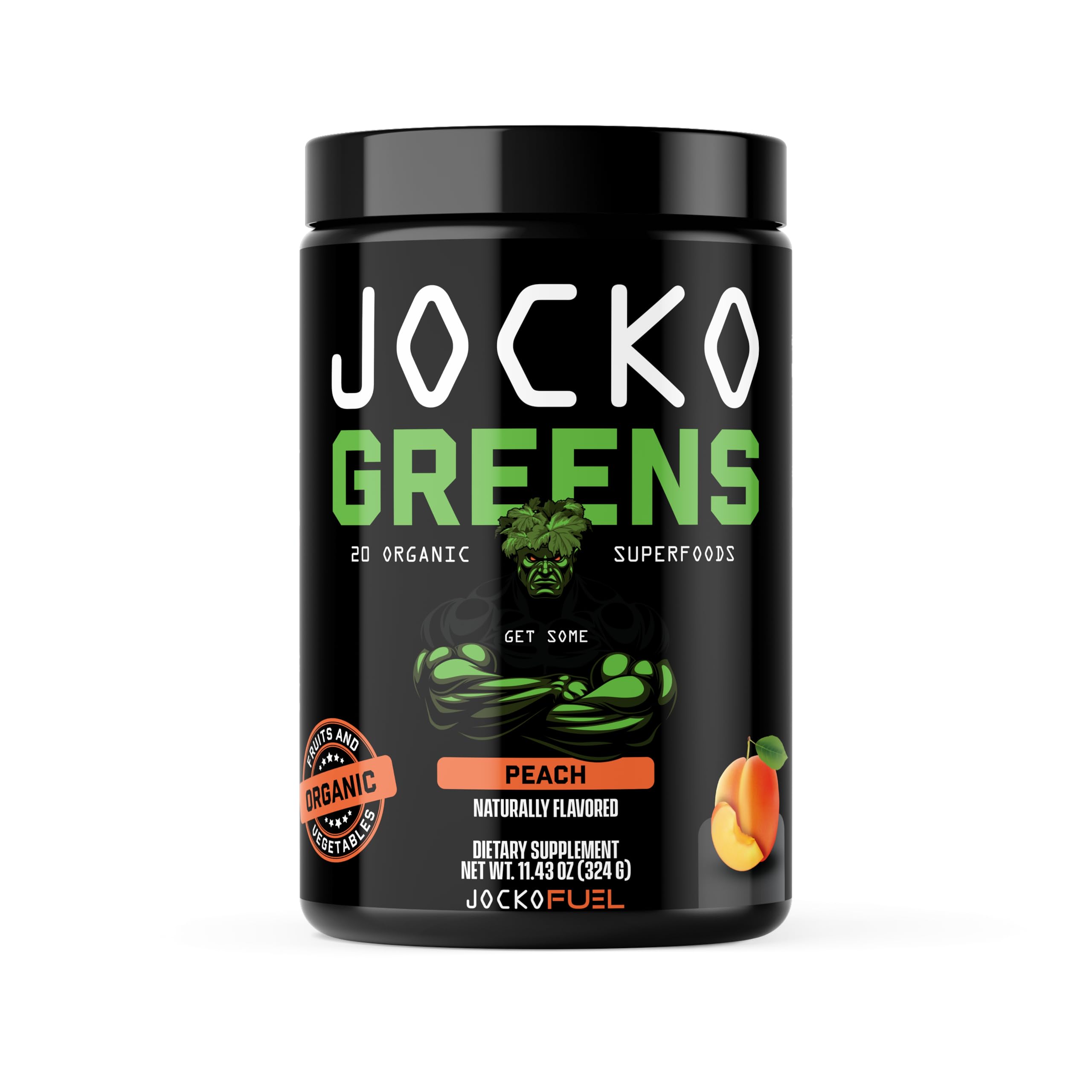 Canister of Jocko Fuel Daily Greens Powder with Peach flavor