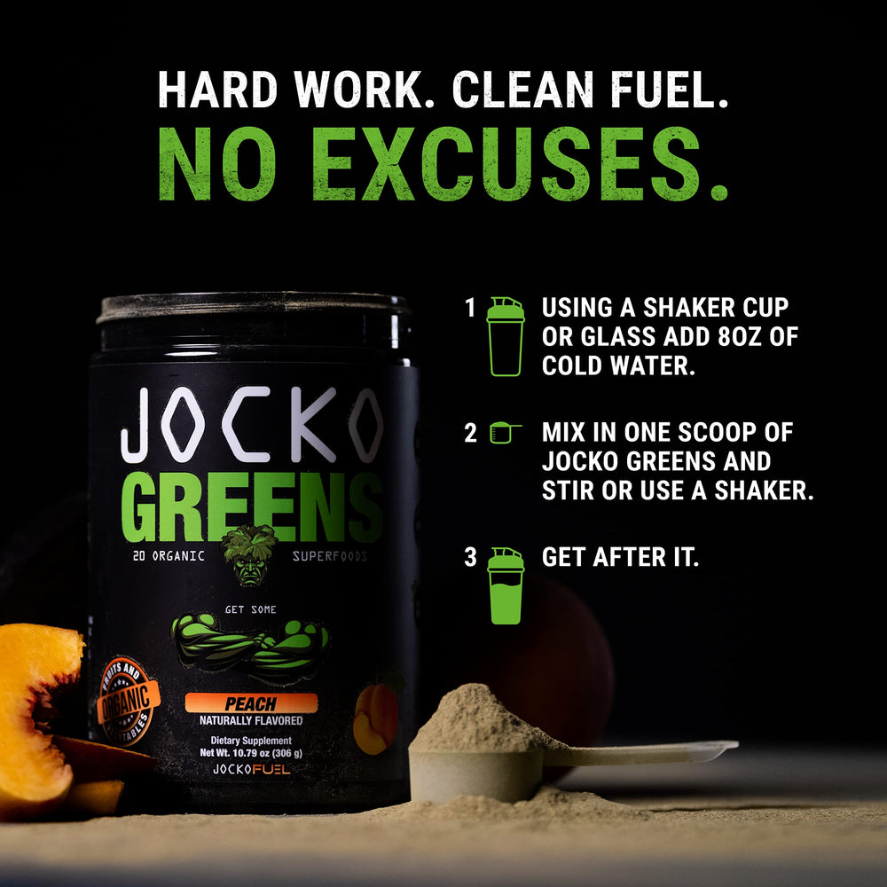 Peach-flavored Daily Greens powder served with fruit