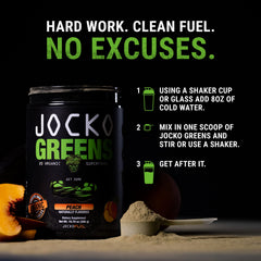 Peach-flavored Daily Greens powder served with fruit