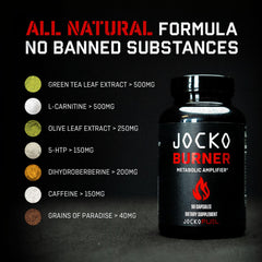 Jocko Fuel Burner packaging with allergen-free and GMO-free claims