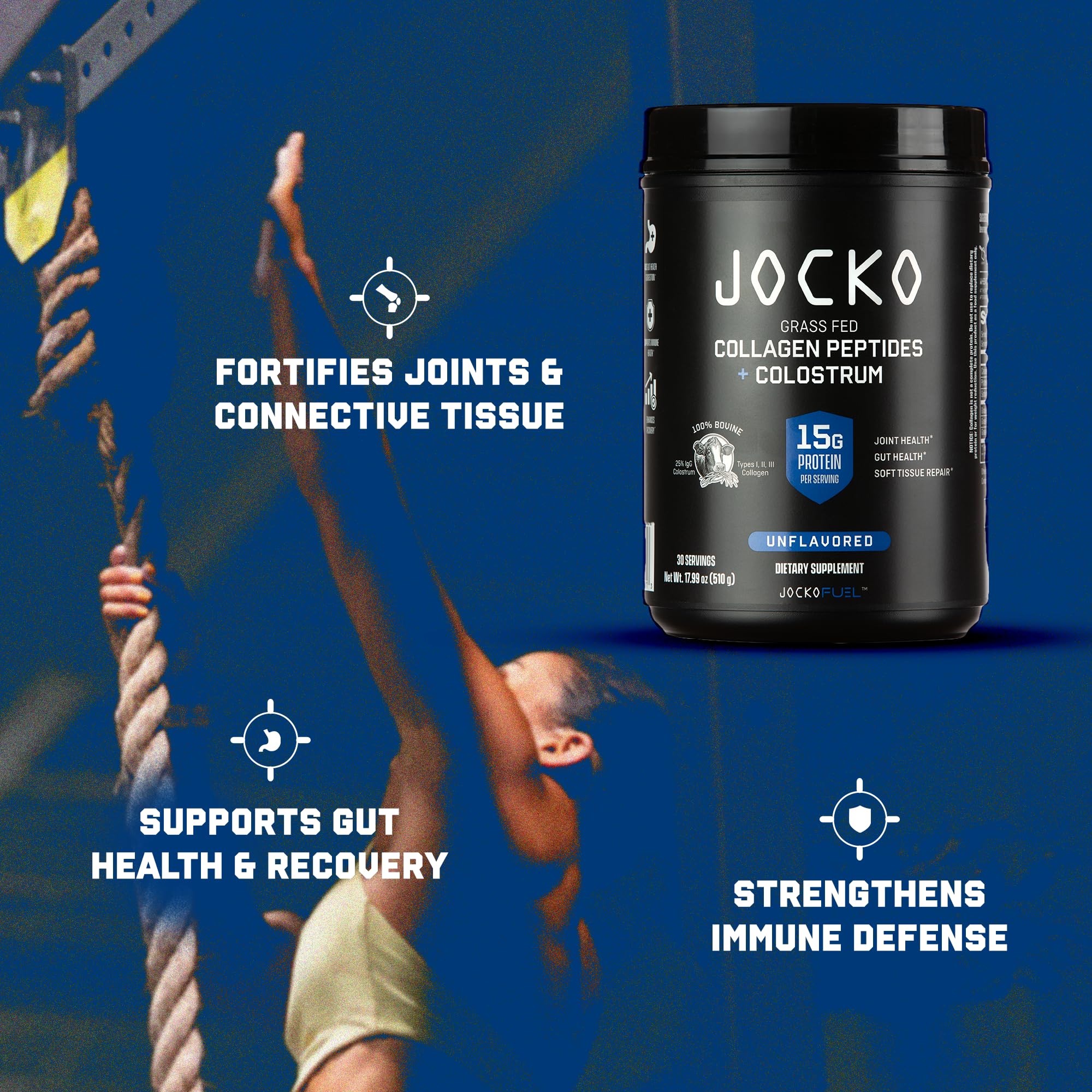 Open bottle of Jocko Fuel Collagen Powder showing 30 servings