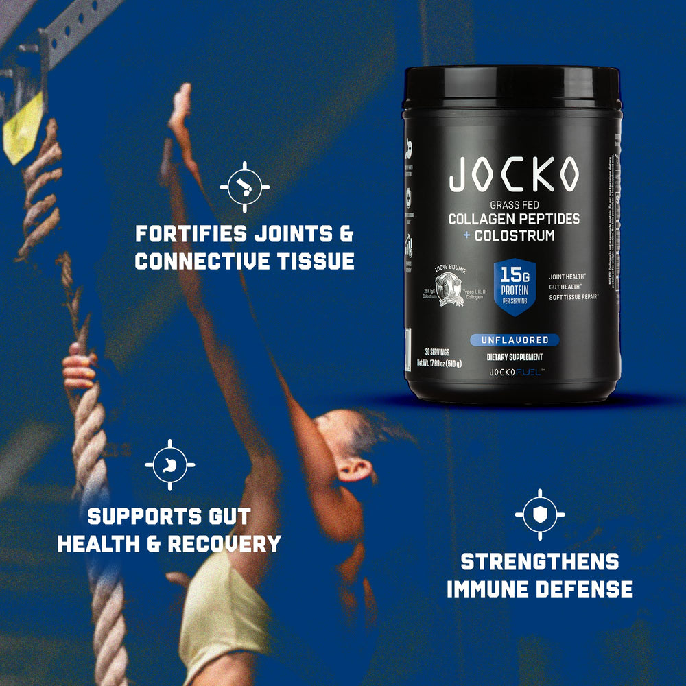Open bottle of Jocko Fuel Collagen Powder showing 30 servings