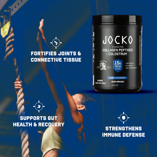 Open bottle of Jocko Fuel Collagen Powder showing 30 servings