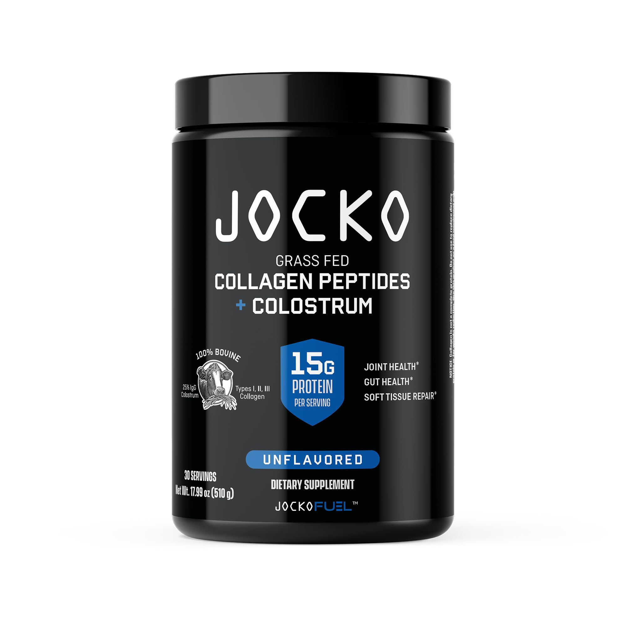 Jocko Fuel Collagen Powder with Colostrum bottle and scoop