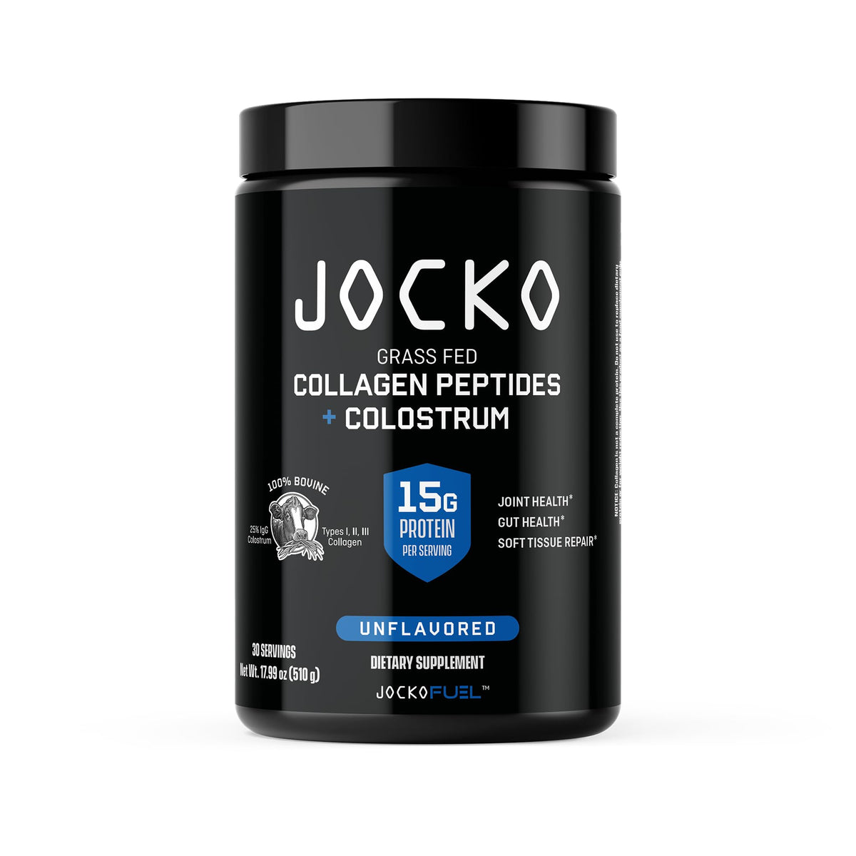 Jocko Fuel Collagen Powder with Colostrum bottle and scoop