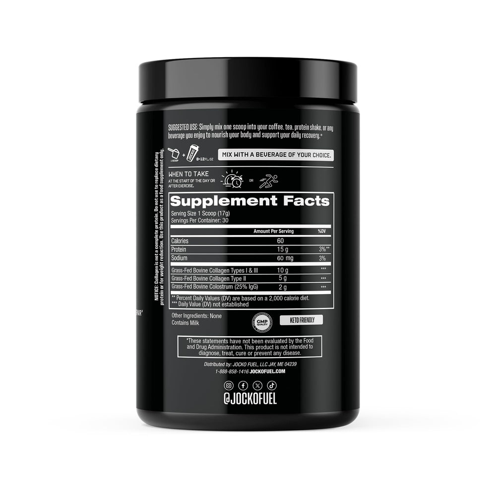 Close-up of hydrolyzed collagen peptides and first-milking colostrum ingredients