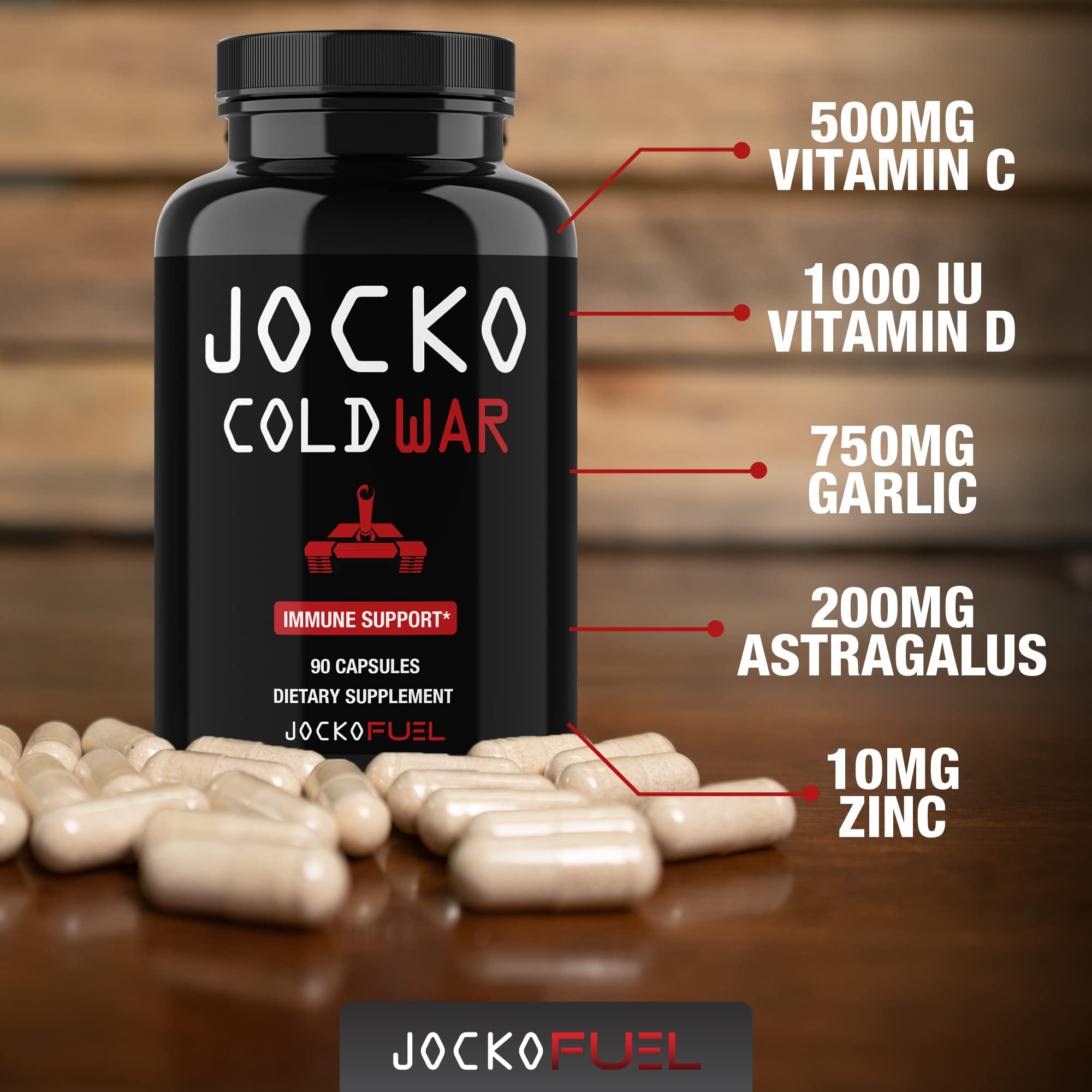 Ingredient highlights for Jocko Fuel Immune Support including Vitamin C, D3 and Zinc