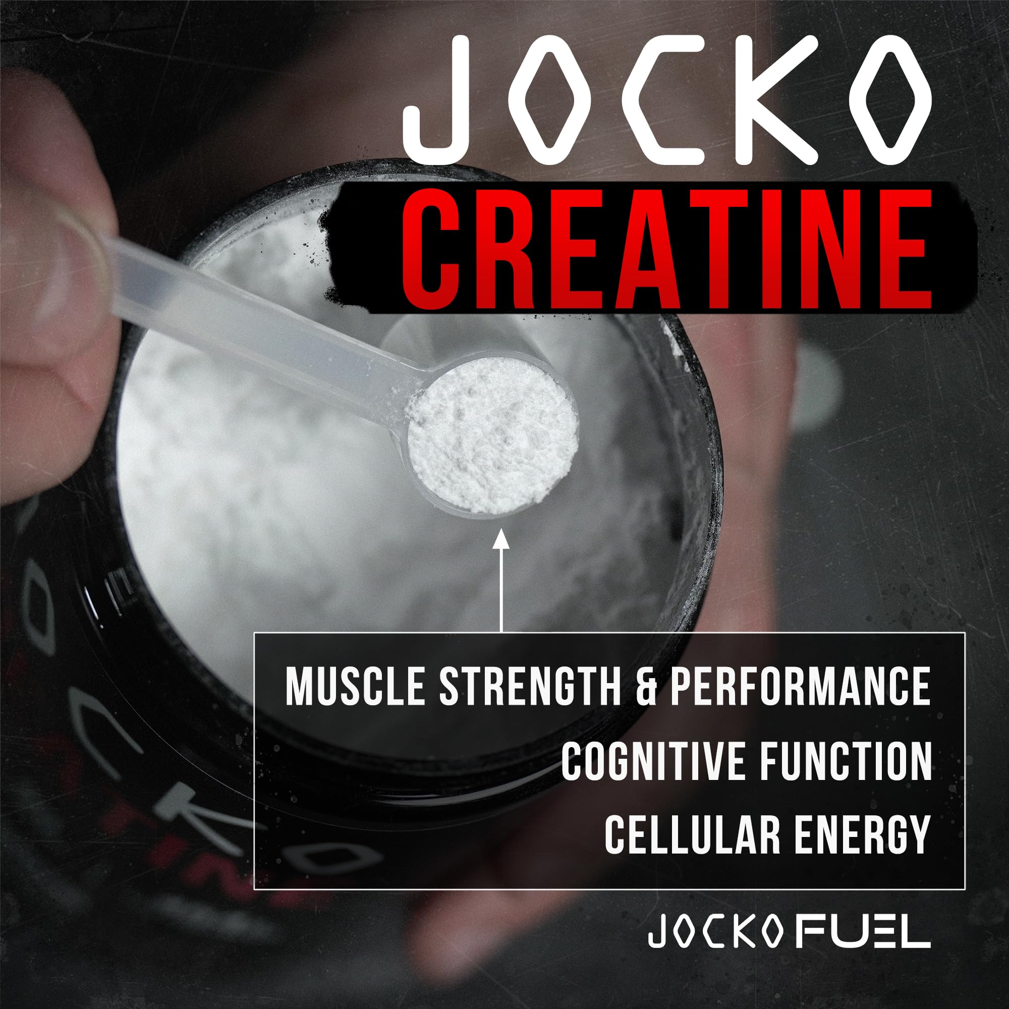 Back view of Jocko Fuel Creatine Monohydrate 16 oz jar with nutrition panel