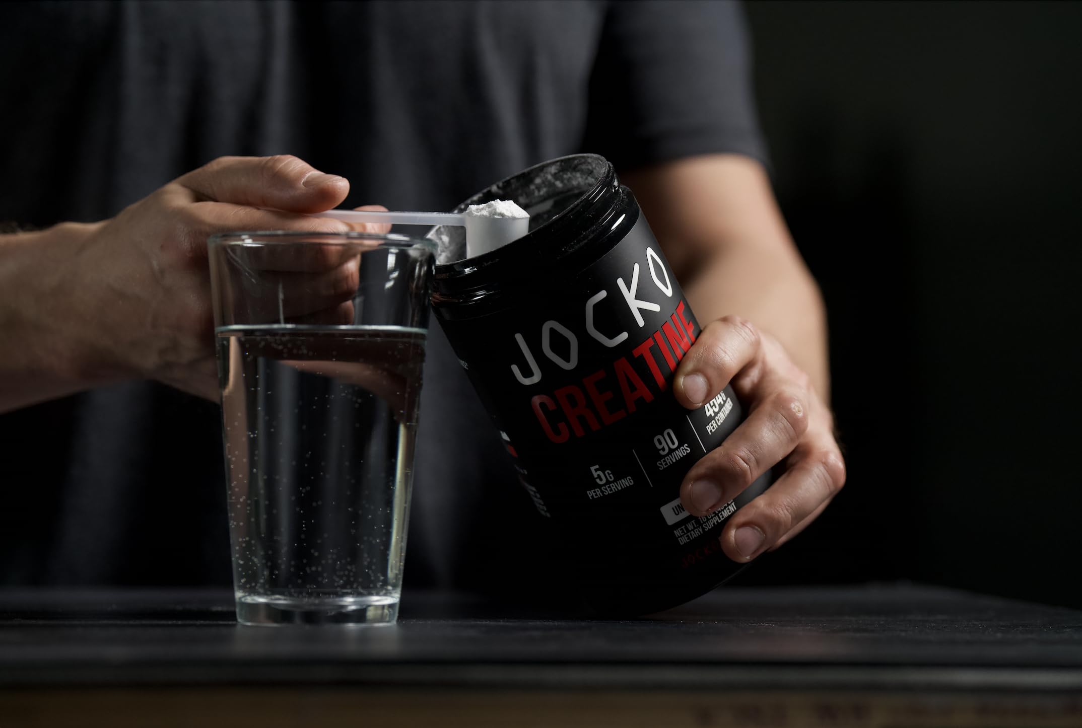 Close-up of nutrition label on Jocko Fuel Creatine Monohydrate jar