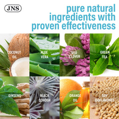 Joellyne Naturals Phytoestrogen Cream application demonstrates topical use on abdomen and inner thighs.