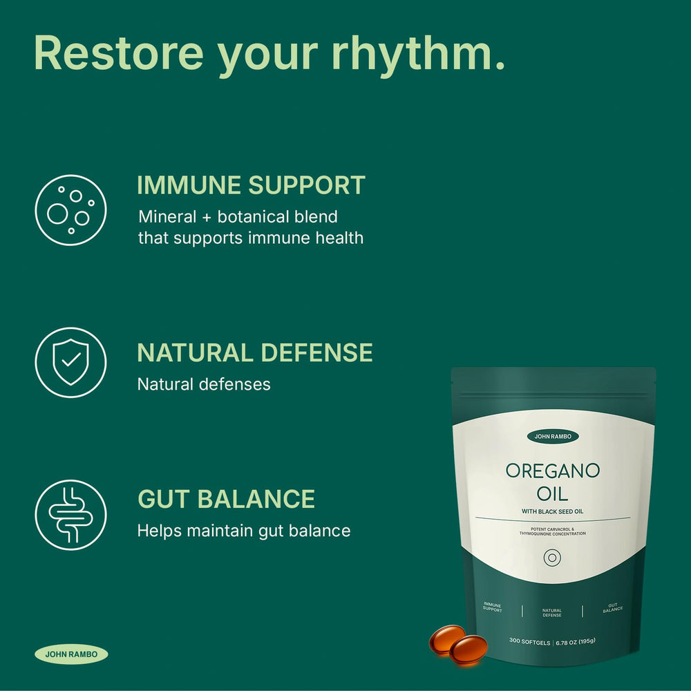 Back label with supplement facts for JOHN RAMBO oregano and black seed oil