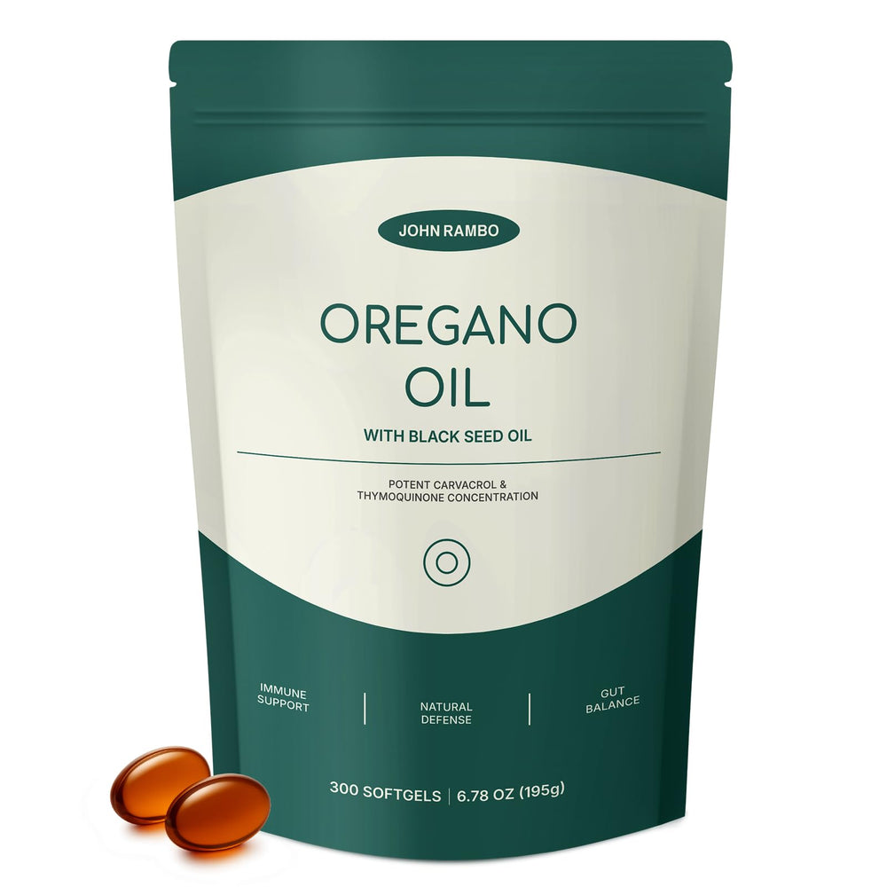 Front view of JOHN RAMBO Oil of Oregano with Black Seed Oil bottle containing 300 softgels