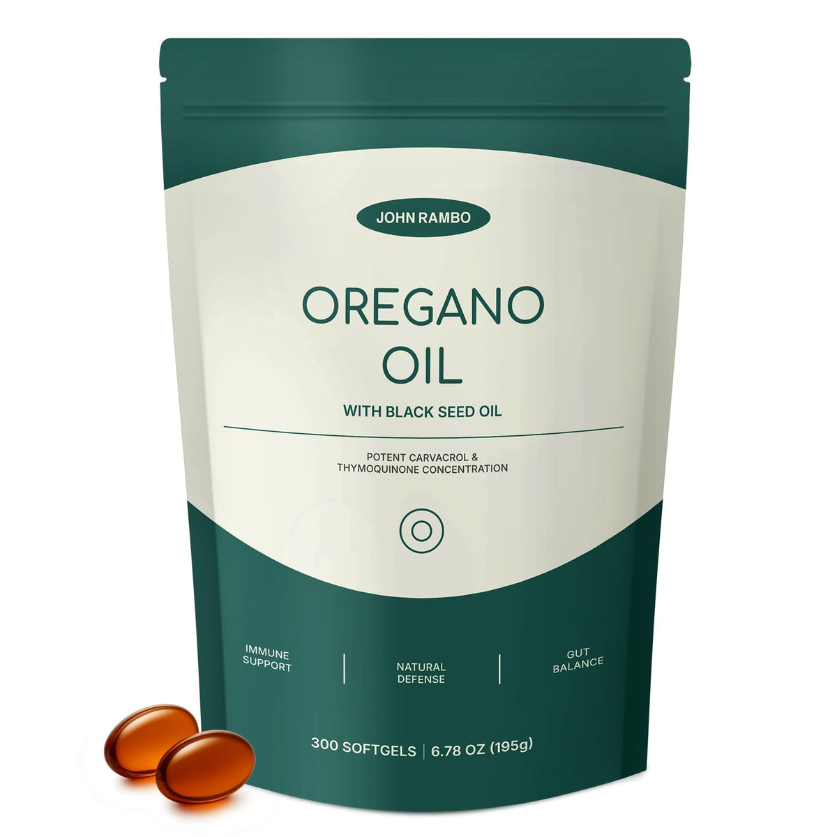 Front view of JOHN RAMBO Oil of Oregano with Black Seed Oil bottle containing 300 softgels