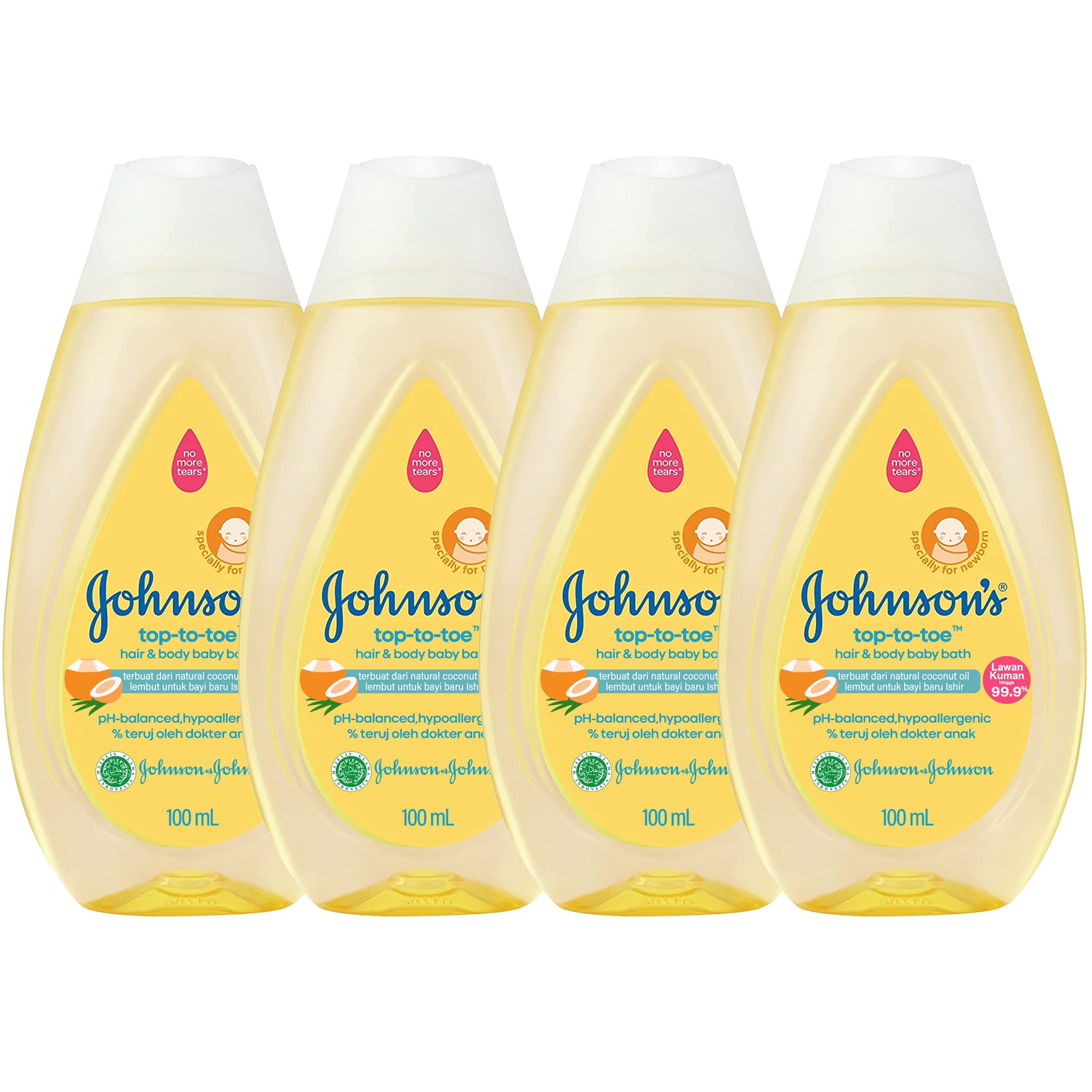 Four 100ml travel-size Johnson's Top-to-Toe Baby Wash and Shampoo bottles
