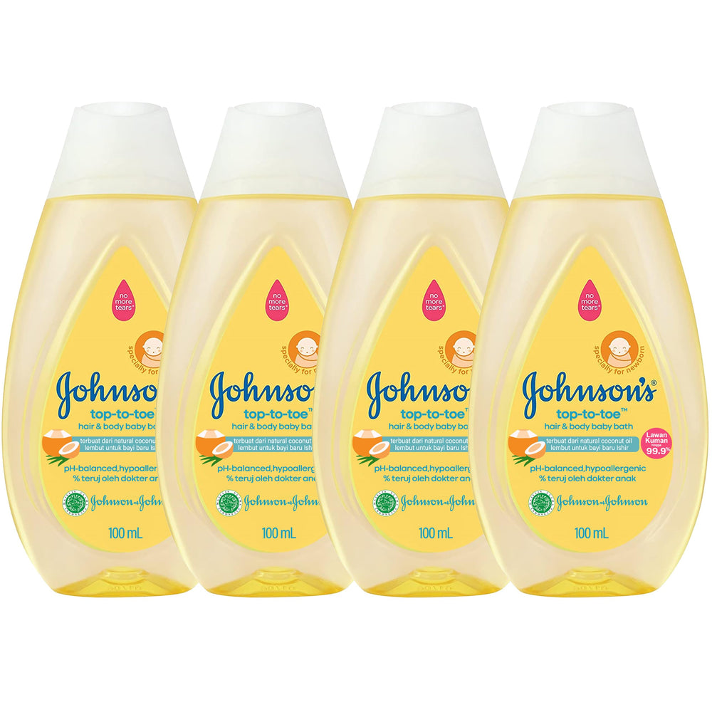Four 100ml travel-size Johnson's Top-to-Toe Baby Wash and Shampoo bottles