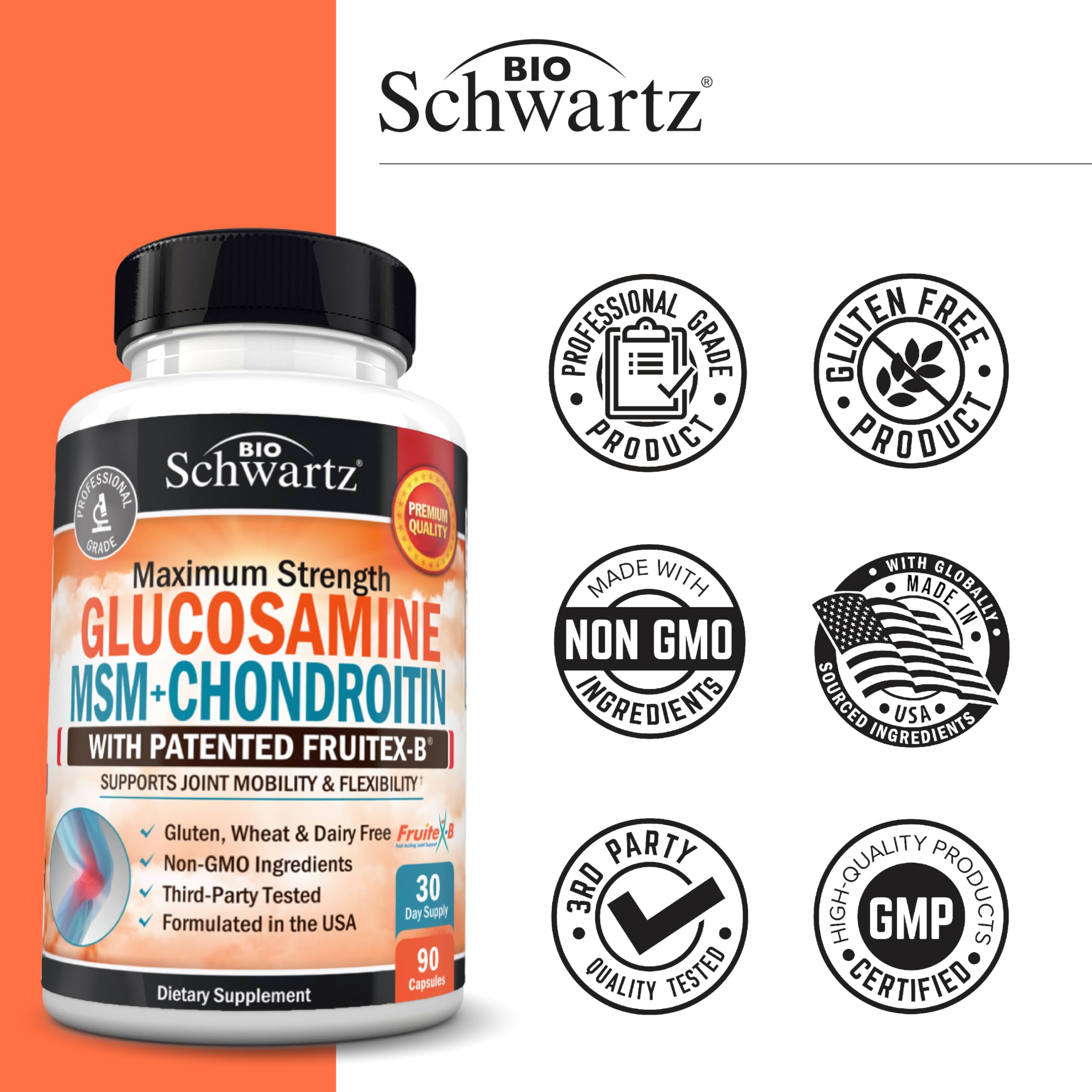 Close-up of joint health capsules in bottle