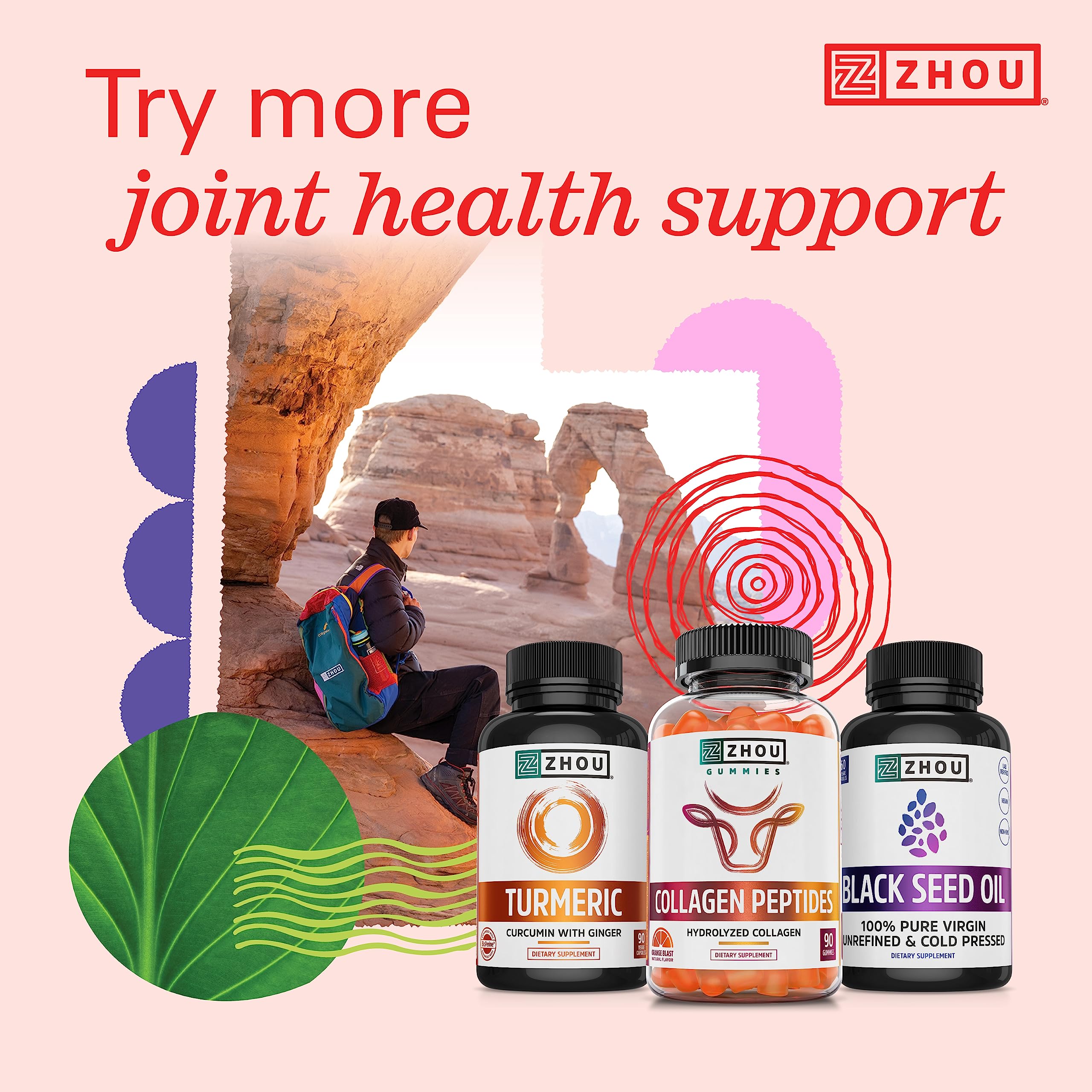 Product scene highlighting joint health, sleep support, and uric acid cleanse