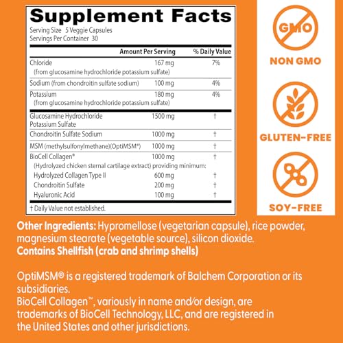 Graphic showing joint health benefits from glucosamine, chondroitin, MSM, hyaluronic acid and BioCell Collagen
