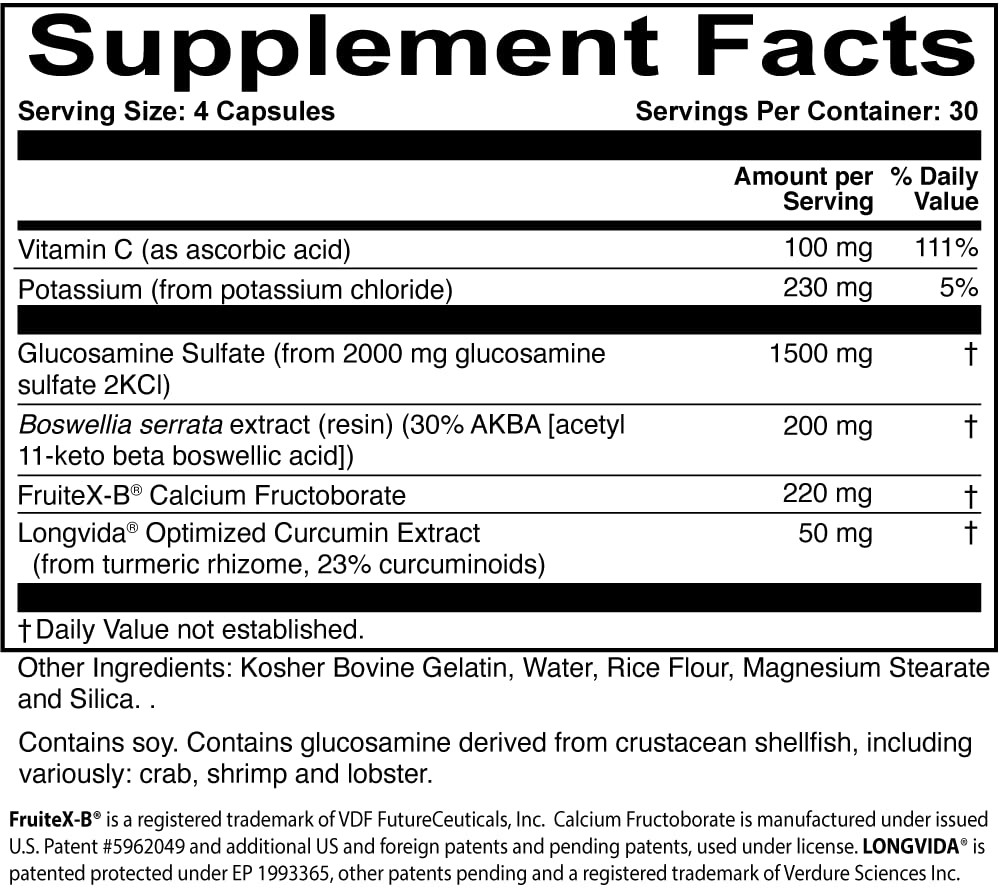 Close-up of key ingredients: glucosamine sulfate, Boswellia AKBA 30%, FruiteX-B, Longvida curcumin, and vitamin C