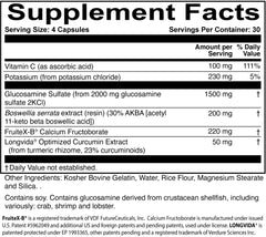 Close-up of key ingredients: glucosamine sulfate, Boswellia AKBA 30%, FruiteX-B, Longvida curcumin, and vitamin C